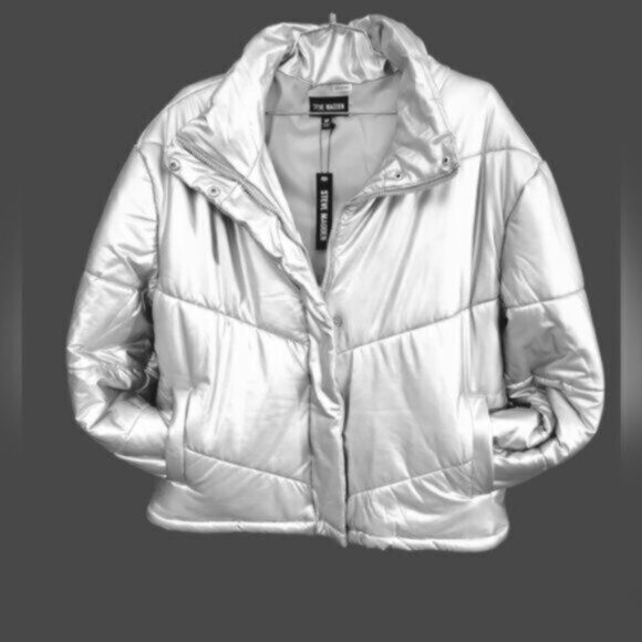 Steve Madden Metallic Silver Downtown Bomber Puffer Jacket NWT Sz Small - Picture 4 of 12